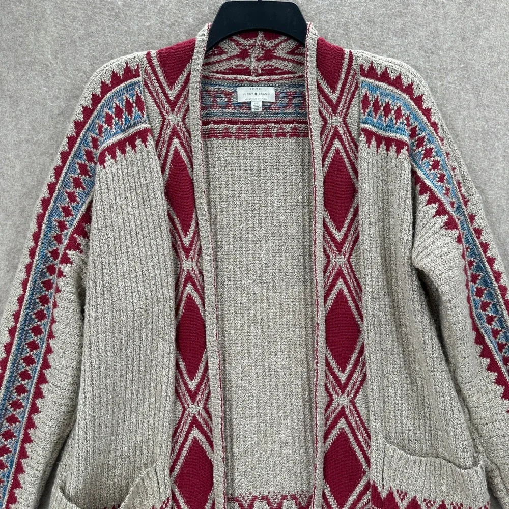 Lucky Brand Aztec Cardigan SMALL Beige Red Southwestern Geometric Open Front S/P
